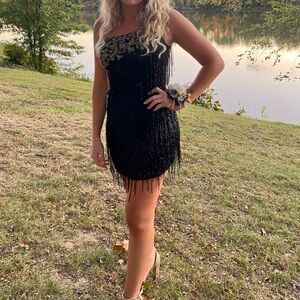 Primavera Couture Black and Gold Sequin One Shoulder Dress